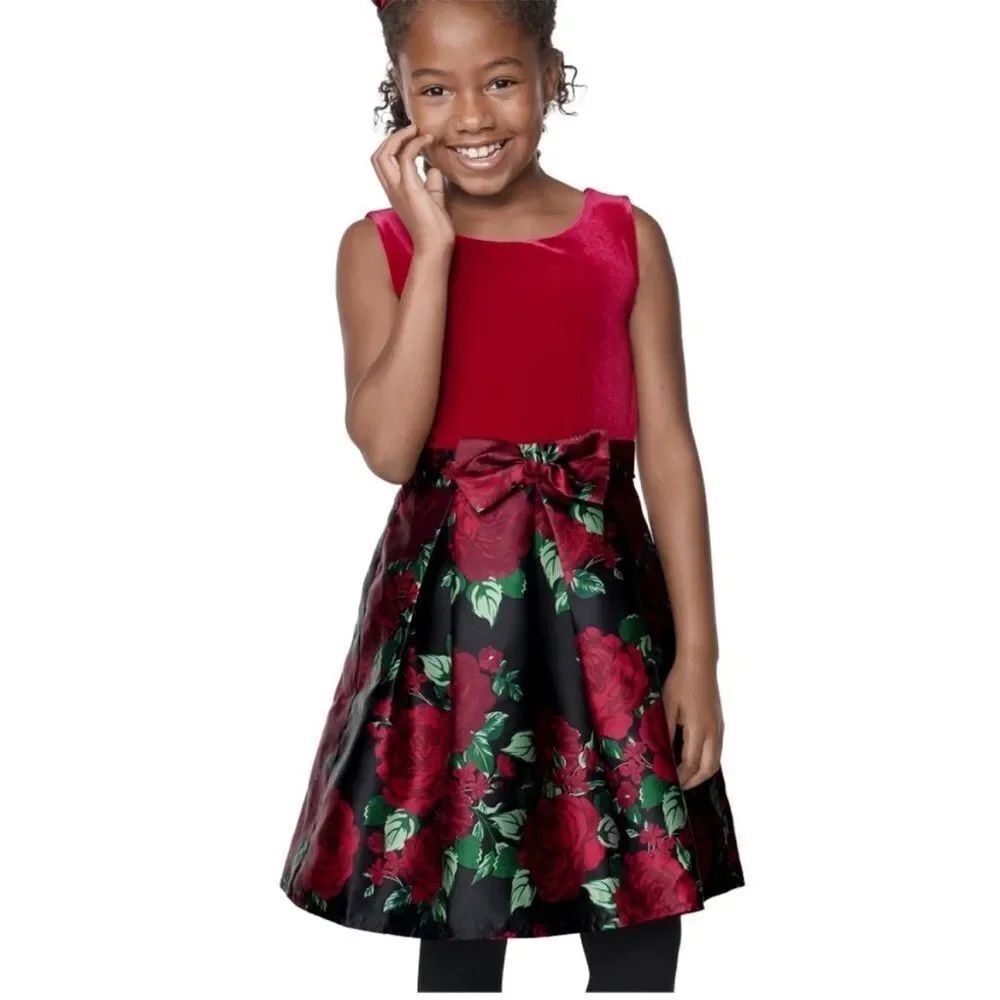 The Children’s Place Big Girls’ Red Black Floral Dress Holiday Party Birthday